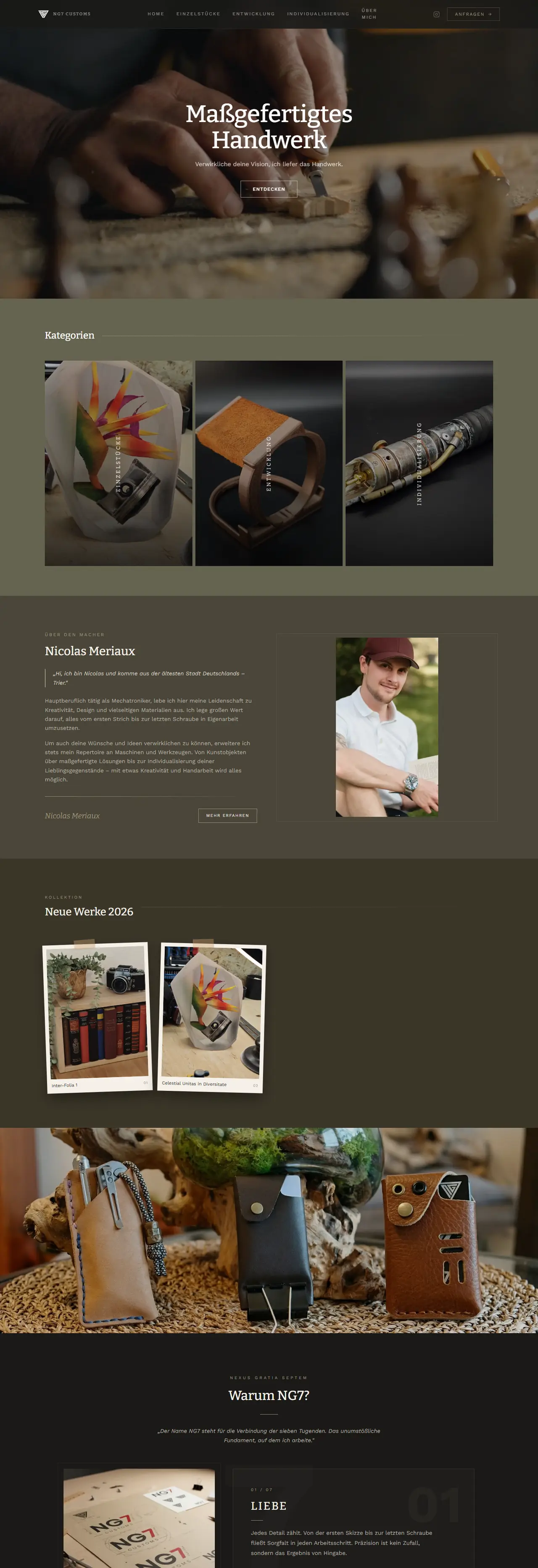 Startseite von NG7 Customs mit Hero-Bild aus der Werkstatt und Projektgalerie