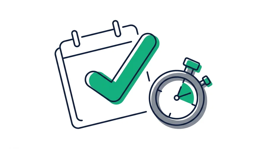 Illustration eines Kalenderblatts mit Haken und einer Stoppuhr