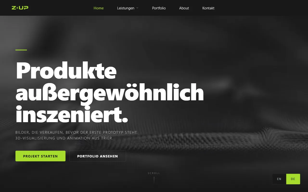 Live-Website Z-Up Studio — 3D & Visualisierung